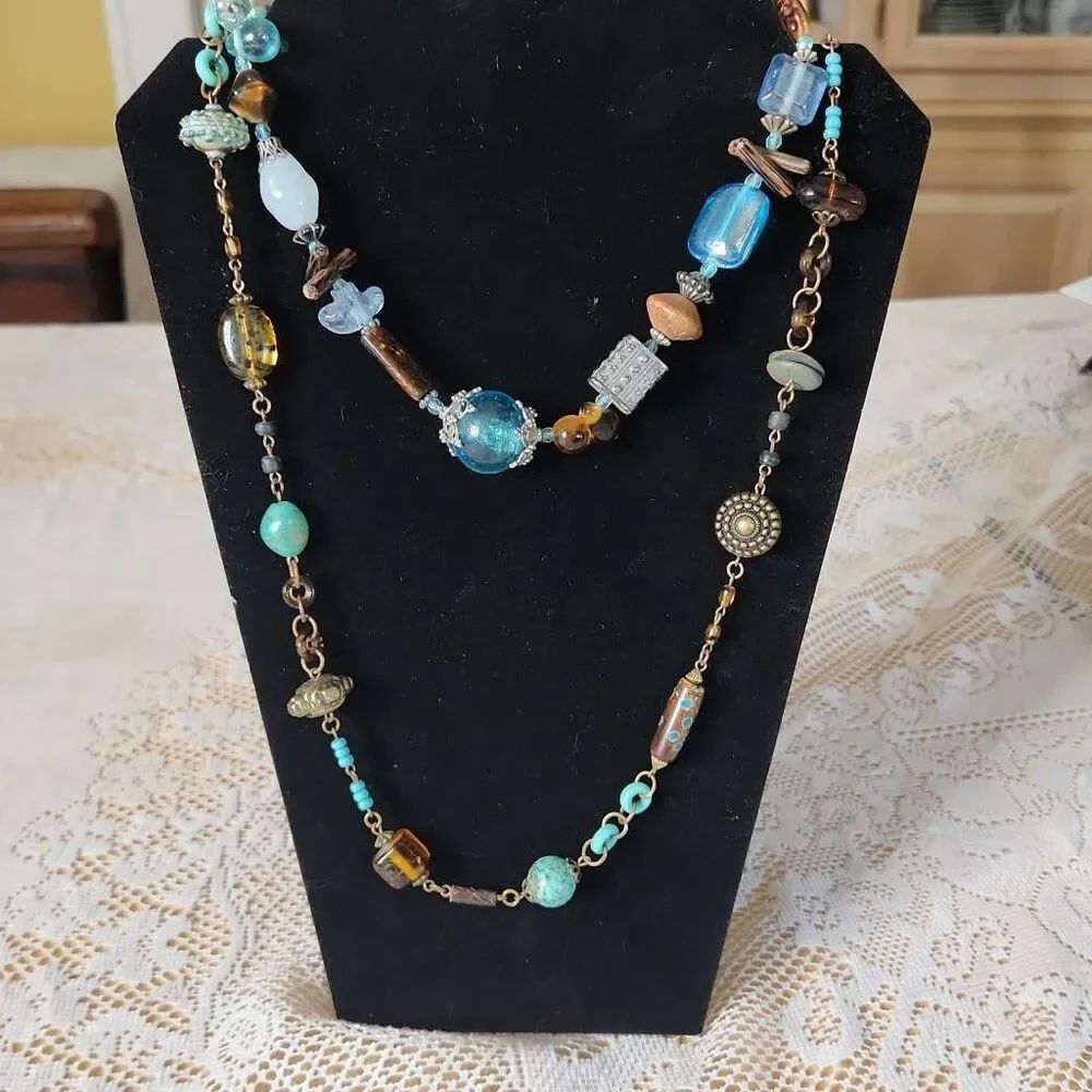 Brown and blue beaded necklaces set of 2
